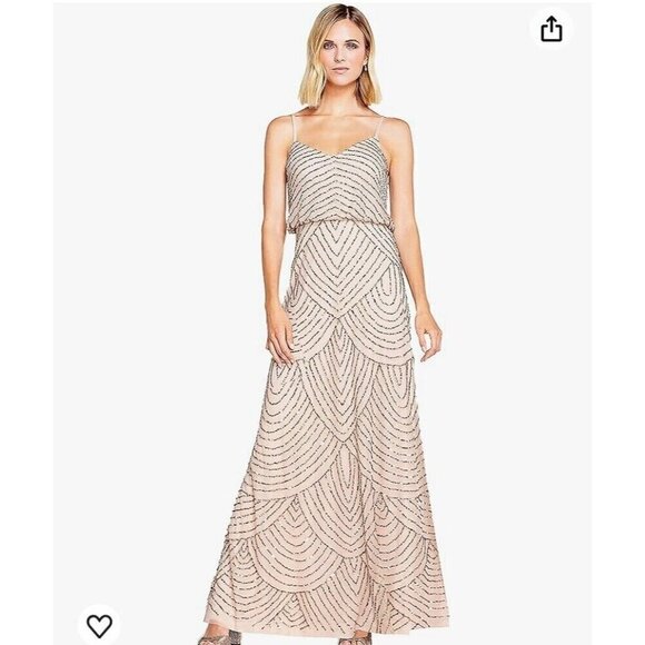 Adrianna Papell Nude Beaded Art Deco Spaghetti Strap Maxi Dress 0 - Picture 1 of 9